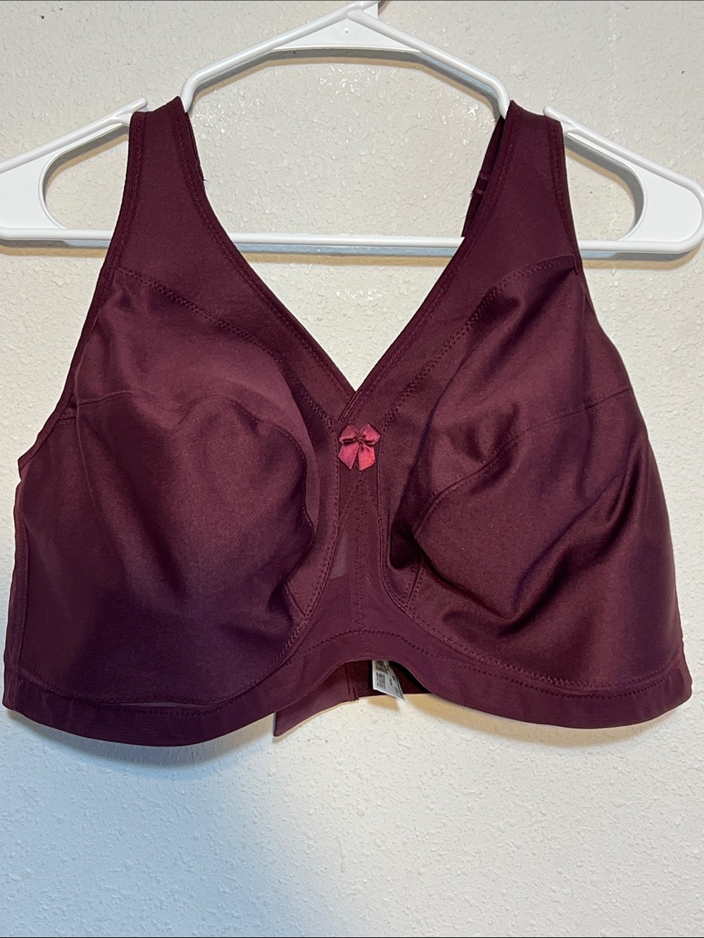 Glamorise Wireless Full Coverage Bra in Wine with Pink Bow Size 44G